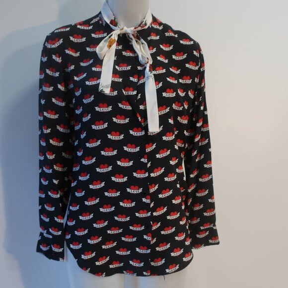 Sandro Paris Maika Multi(Item- 22) Pure Silk Tattoo Love Heart Tie Neck Blouse 2 - Picture 3 of 13